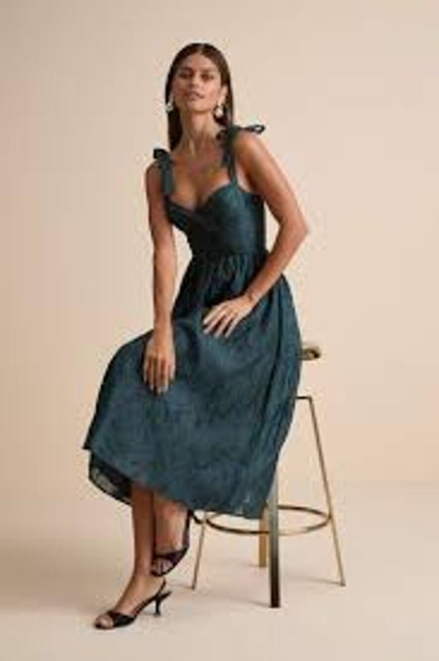 LULU'S Loveliest Muse Midi Dress Dark Teal Burnout Tie-Strap No Size L or XL